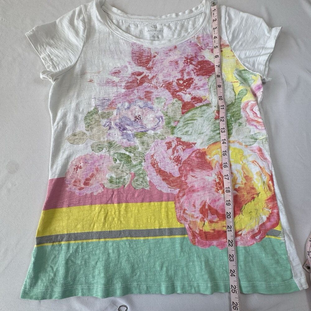 Lands End Floral Tee Womens Medium Pink Yellow Striped Casual Summer Top - Picture 4 of 6